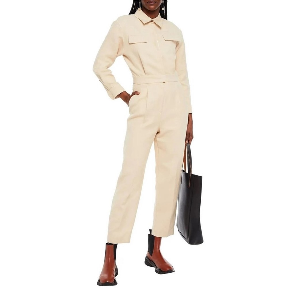 Sandro Uno Pleated Cotton And Linen-blend Twill Jumpsuit In Beige - Picture 4 of 11